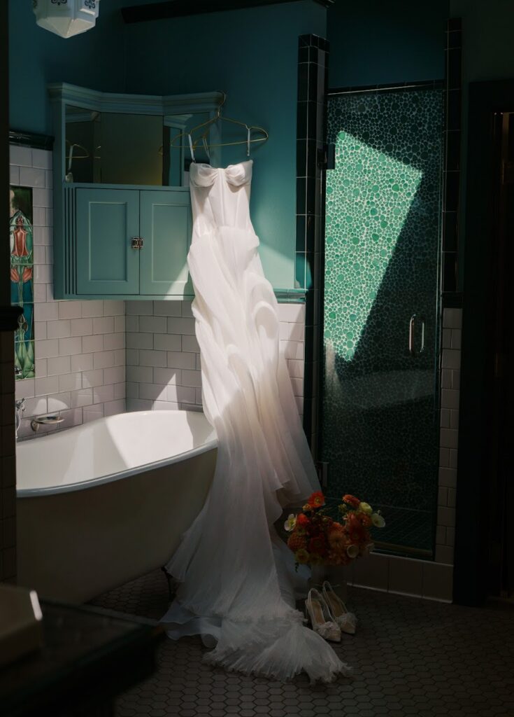 Bride in a getting-ready room inside a historic home wedding venue in Austin, Texas.