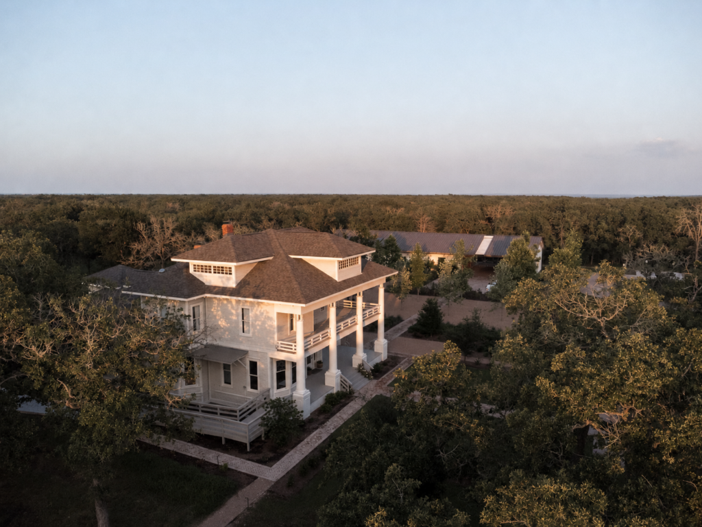 Aerial view of The Grand Lady — a historic and modern wedding venue on 20 acres in Austin, Texas.