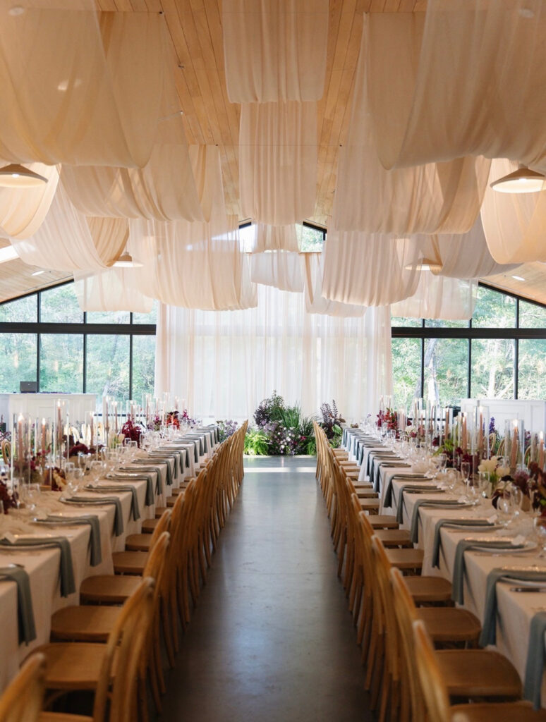 Modern wedding venue reception hall set for a wedding in Austin, Texas.