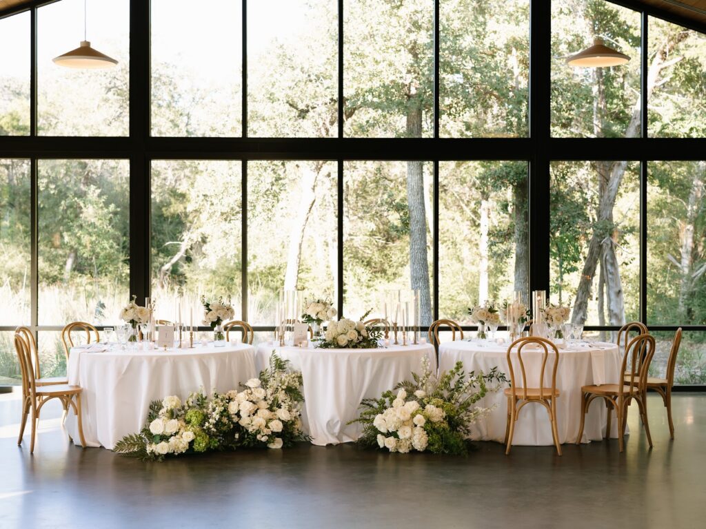 Wedding reception setup at an Austin wedding venue during golden hour.