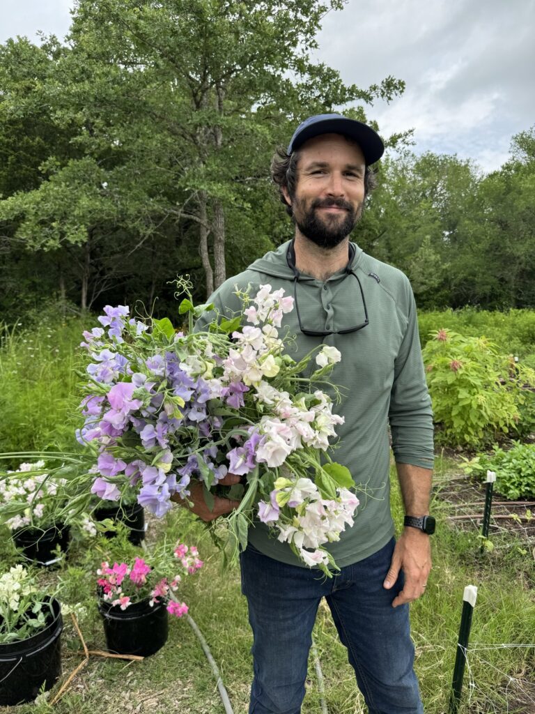 Co-owner Sean Kane holding an armful of sweet peas from the flower farm at The Grand Lady, a garden wedding venue in Austin, Texas.